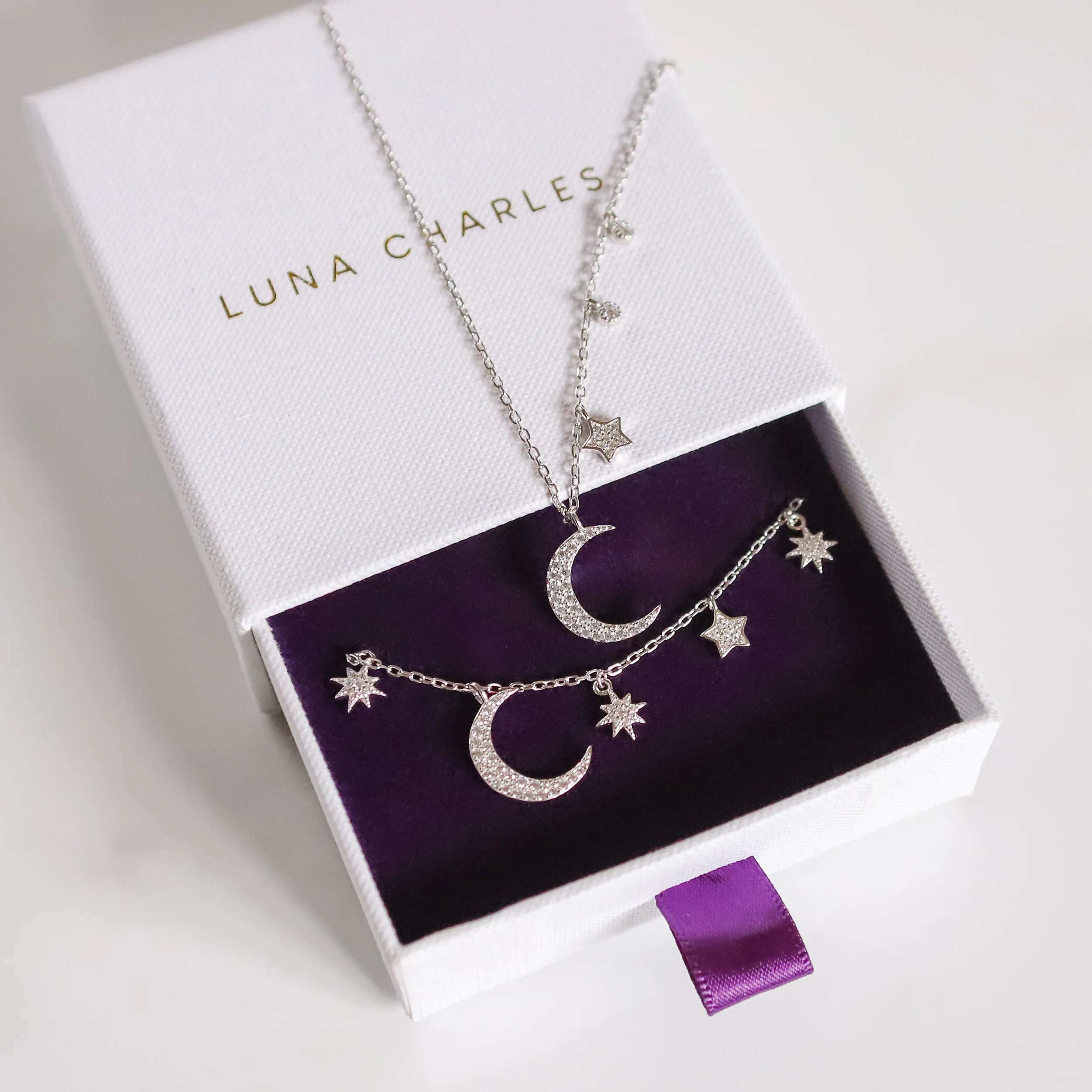 Moon & Star Charm Gift Set | Necklace & Bracelet | 925 Sterling Silver