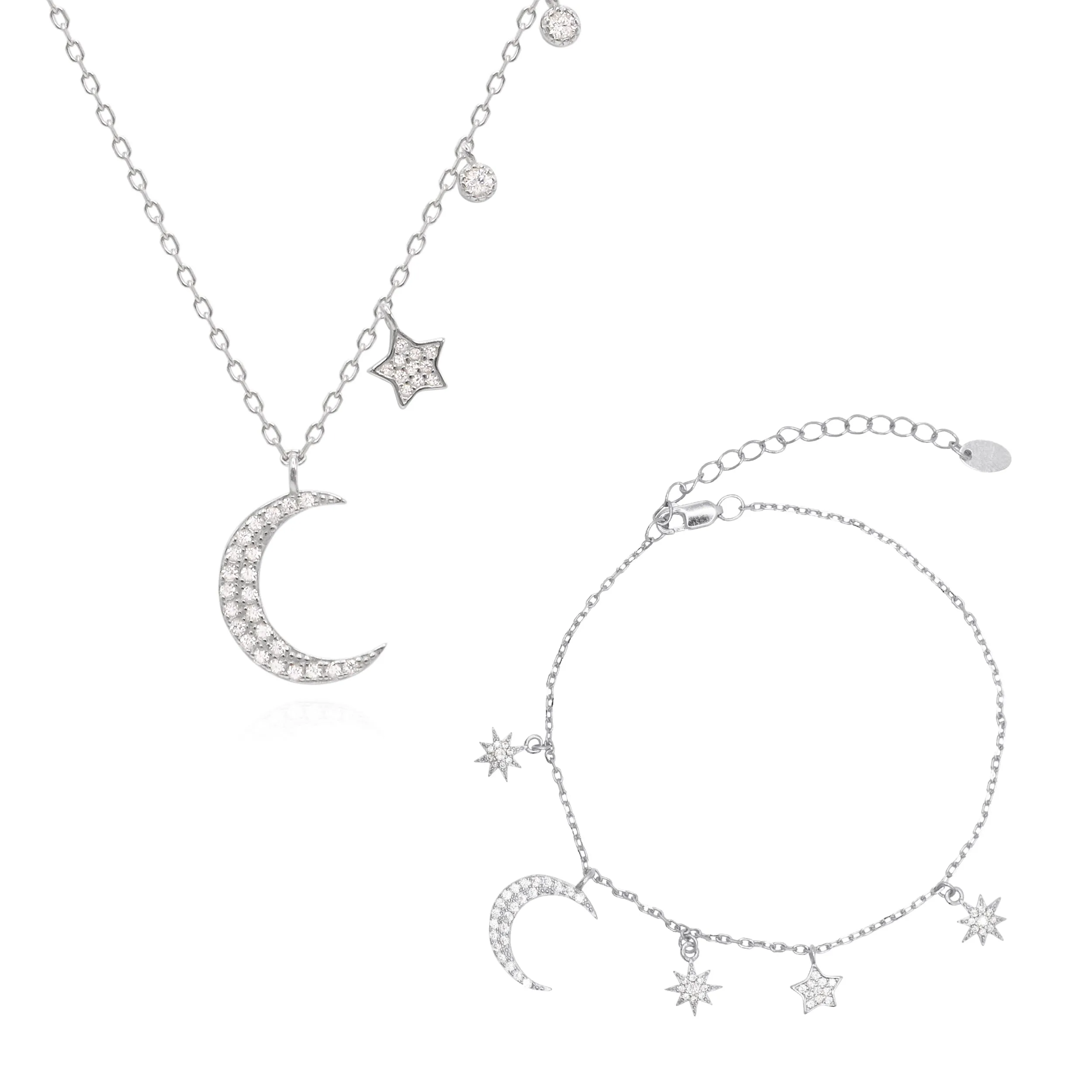 Moon & Star Charm Gift Set | Necklace & Bracelet | 925 Sterling Silver