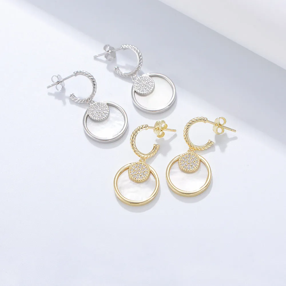 Mother of Pearl Geometric Circle with Zircon Silver Drop Earrings for Women