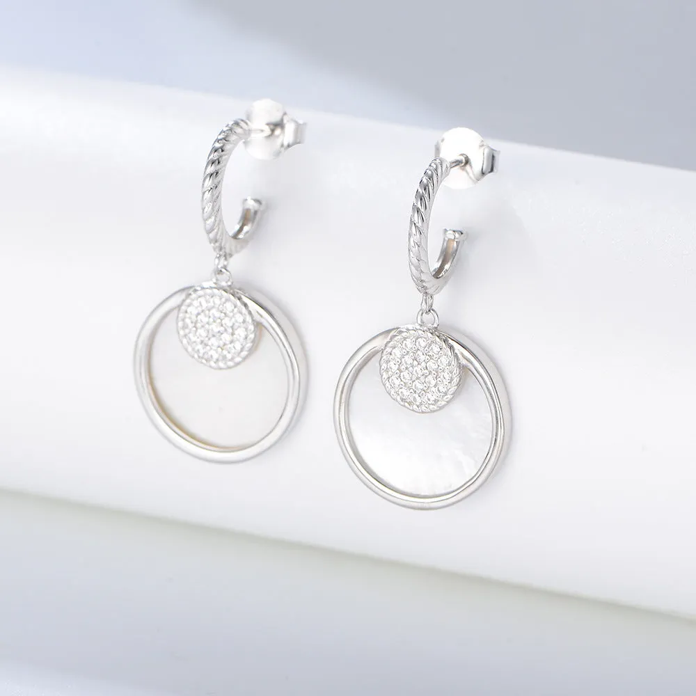 Mother of Pearl Geometric Circle with Zircon Silver Drop Earrings for Women