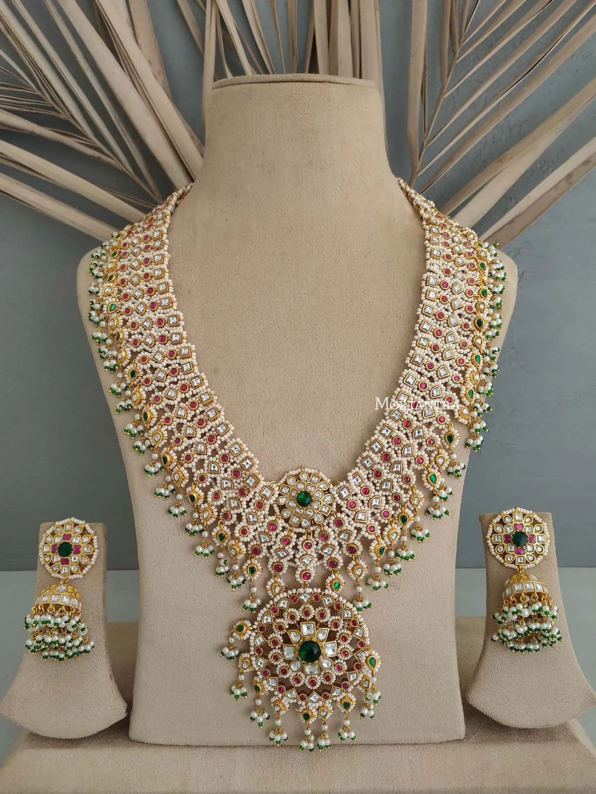 Multicolor Gold Plated Jadau Kundan Bridal Necklace Set - MS1769M