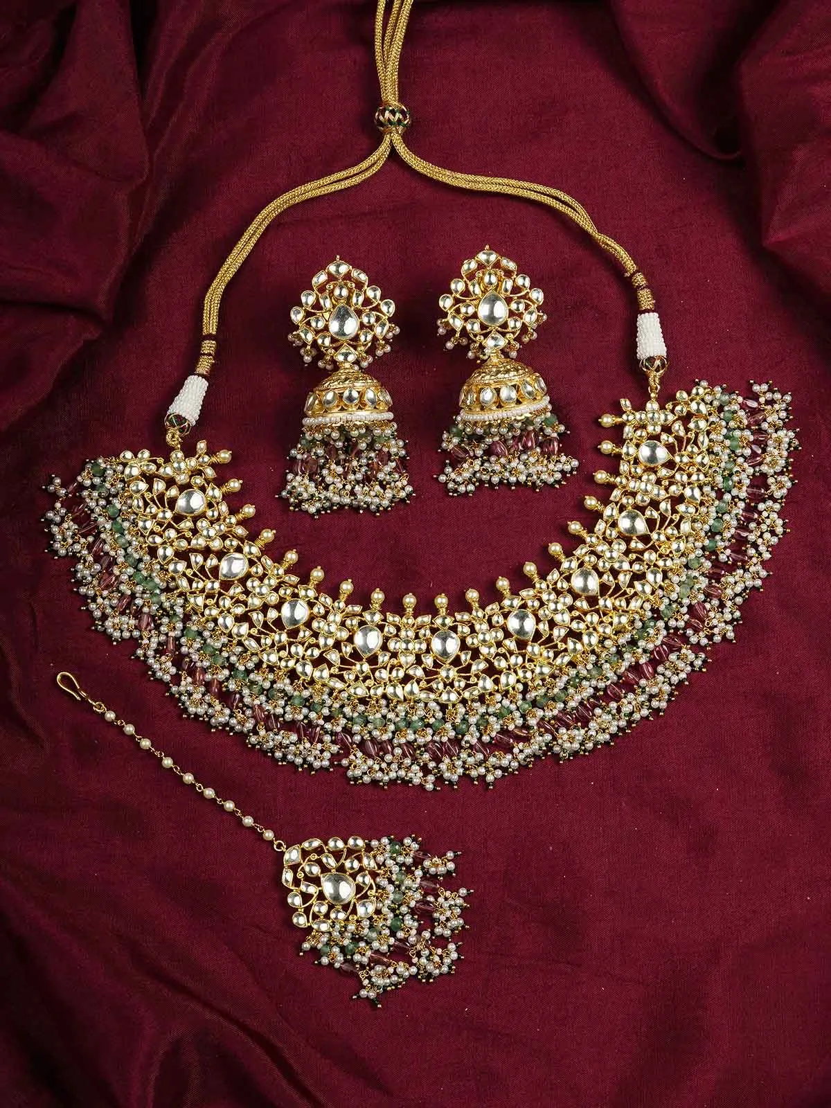 Multicolor Gold Plated Jadau Kundan Necklace Set - MS2043YA