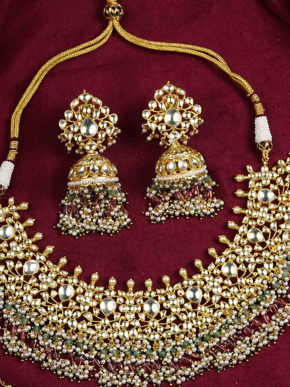 Multicolor Gold Plated Jadau Kundan Necklace Set - MS2043YA