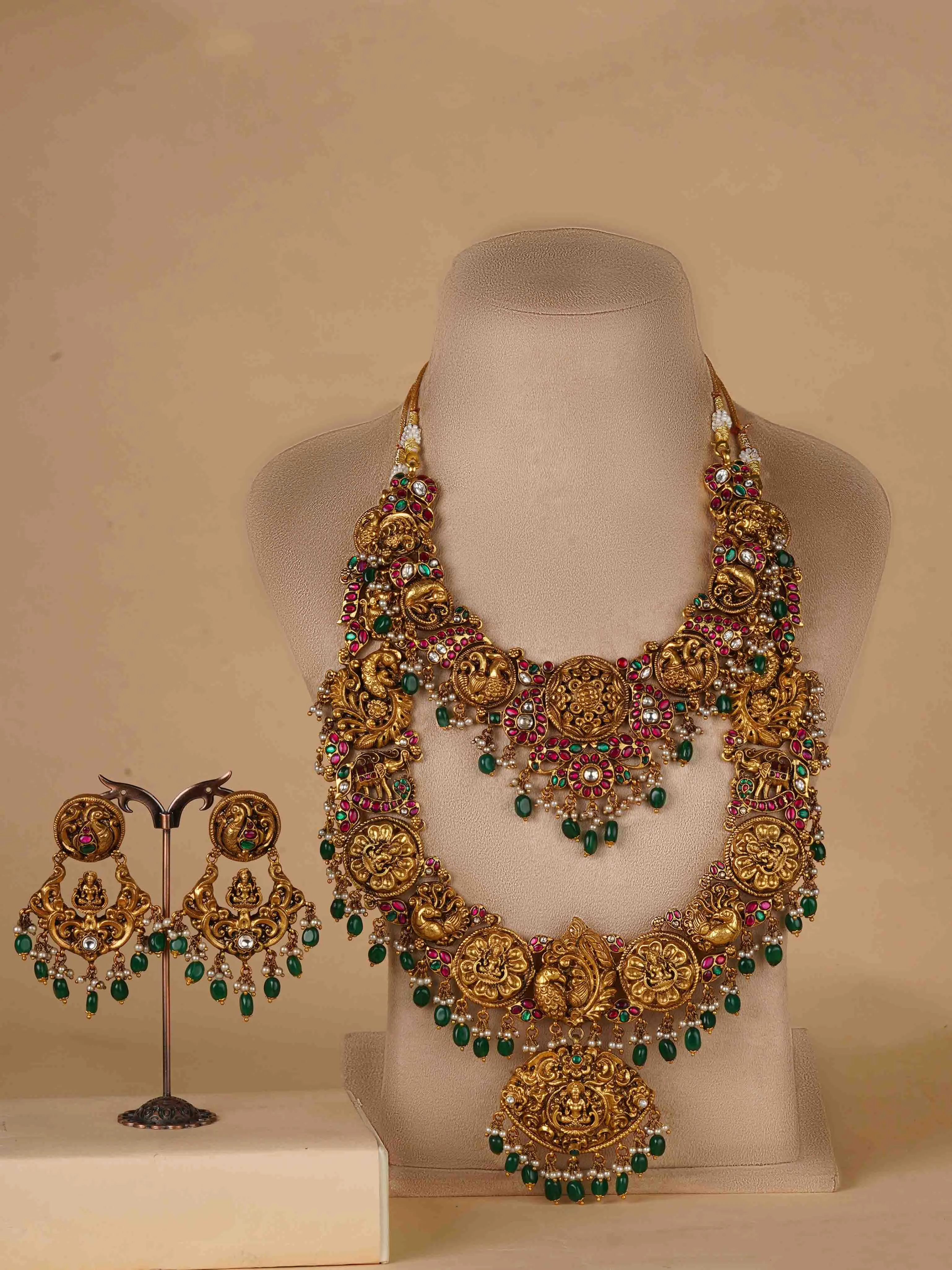 Multicolor Gold Plated Temple Necklace Set - TMPSET222M