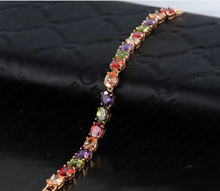 Multicolor Oval Swiss Cubic Zirconia Diamond Bracelet 18K Gold Plated Colorful Zircon Strand Bracelets