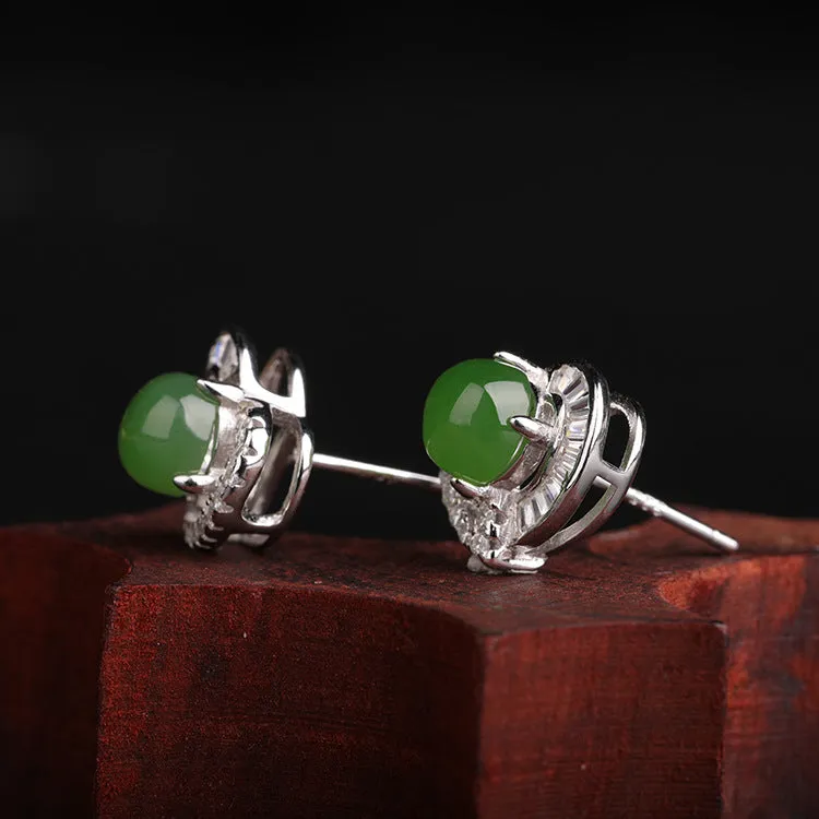 Natural Jade Earrings Nephrite Silver Zircon Earrings ZEG562