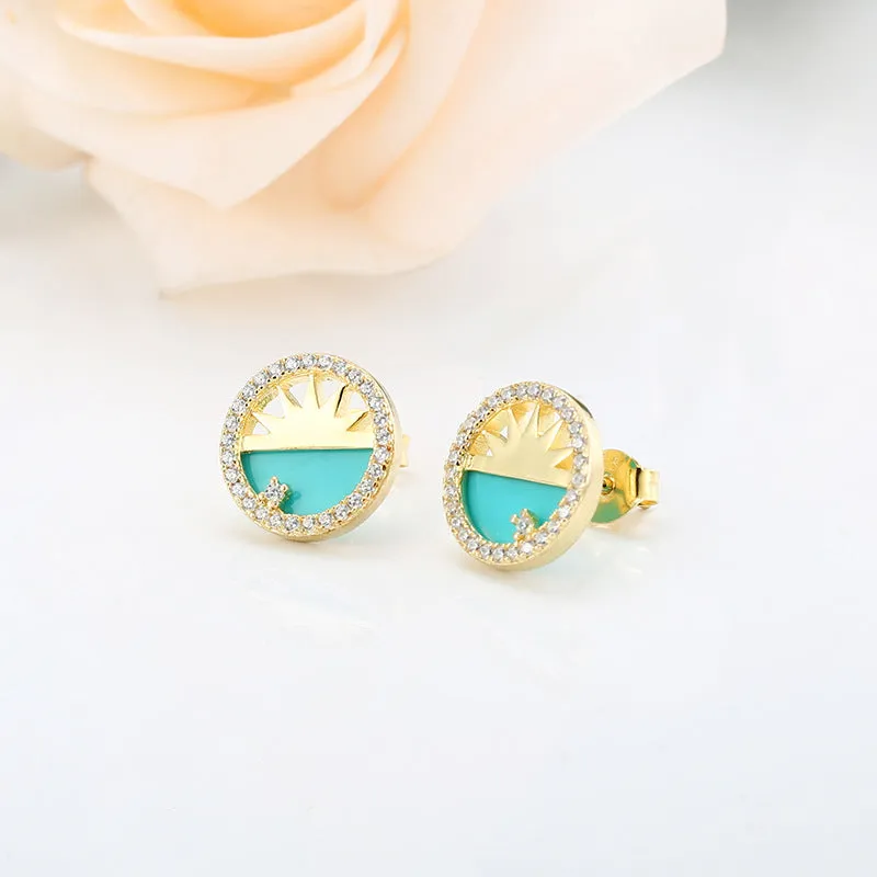 Natural Turquoise with Zircon Sunrise Circle Silver Studs Earrings for Women