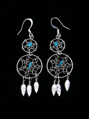 Navajo Sterling Silver Double Dreamcatcher Feather Earrings