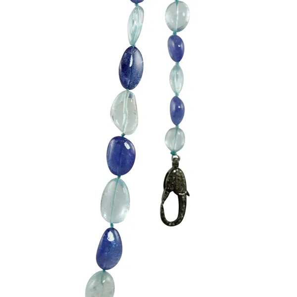 Necklace - Beaded Aquamarine & Tanazanite Tumblar Stones with Oxidized Silver Diamond Clasp 35"