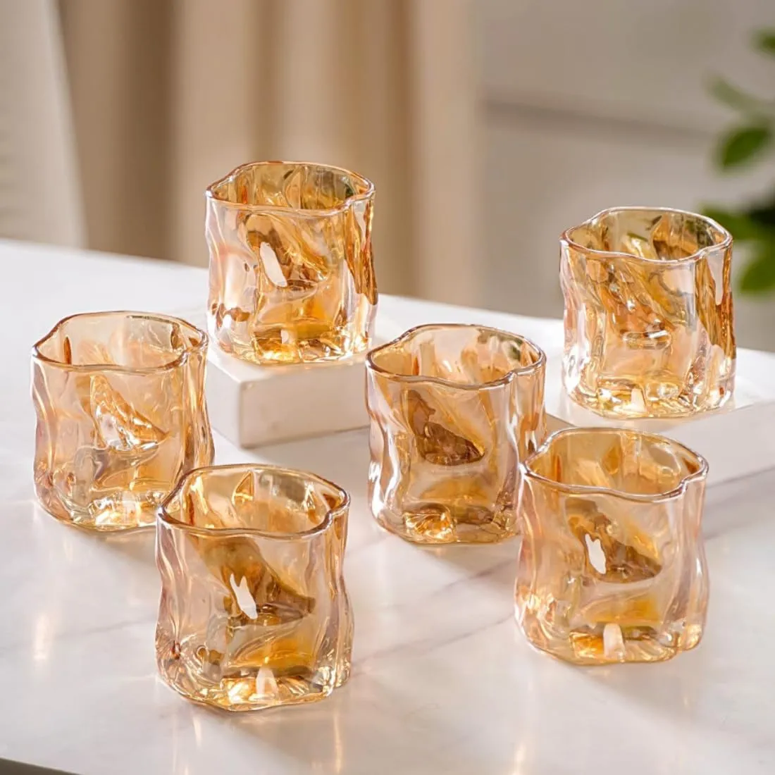 Nestasia Crystal Glass Set of 6 | Enhance Your Drinking Experience | Perfect for Whiskey, Juice, Water and More | Stylish Bar Set Addition | Amber, 200ml