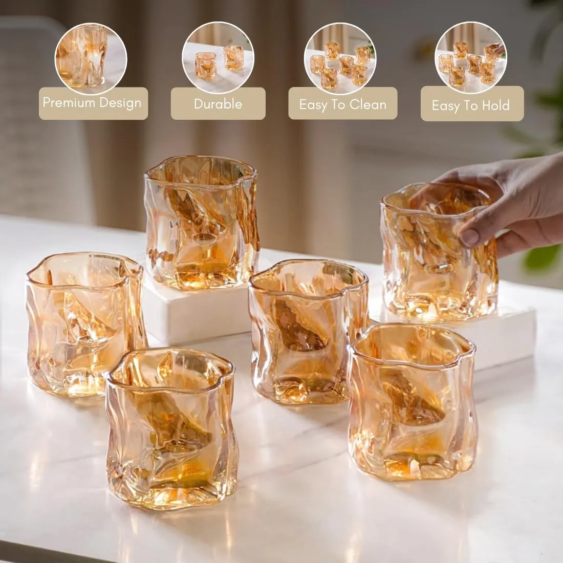 Nestasia Crystal Glass Set of 6 | Enhance Your Drinking Experience | Perfect for Whiskey, Juice, Water and More | Stylish Bar Set Addition | Amber, 200ml