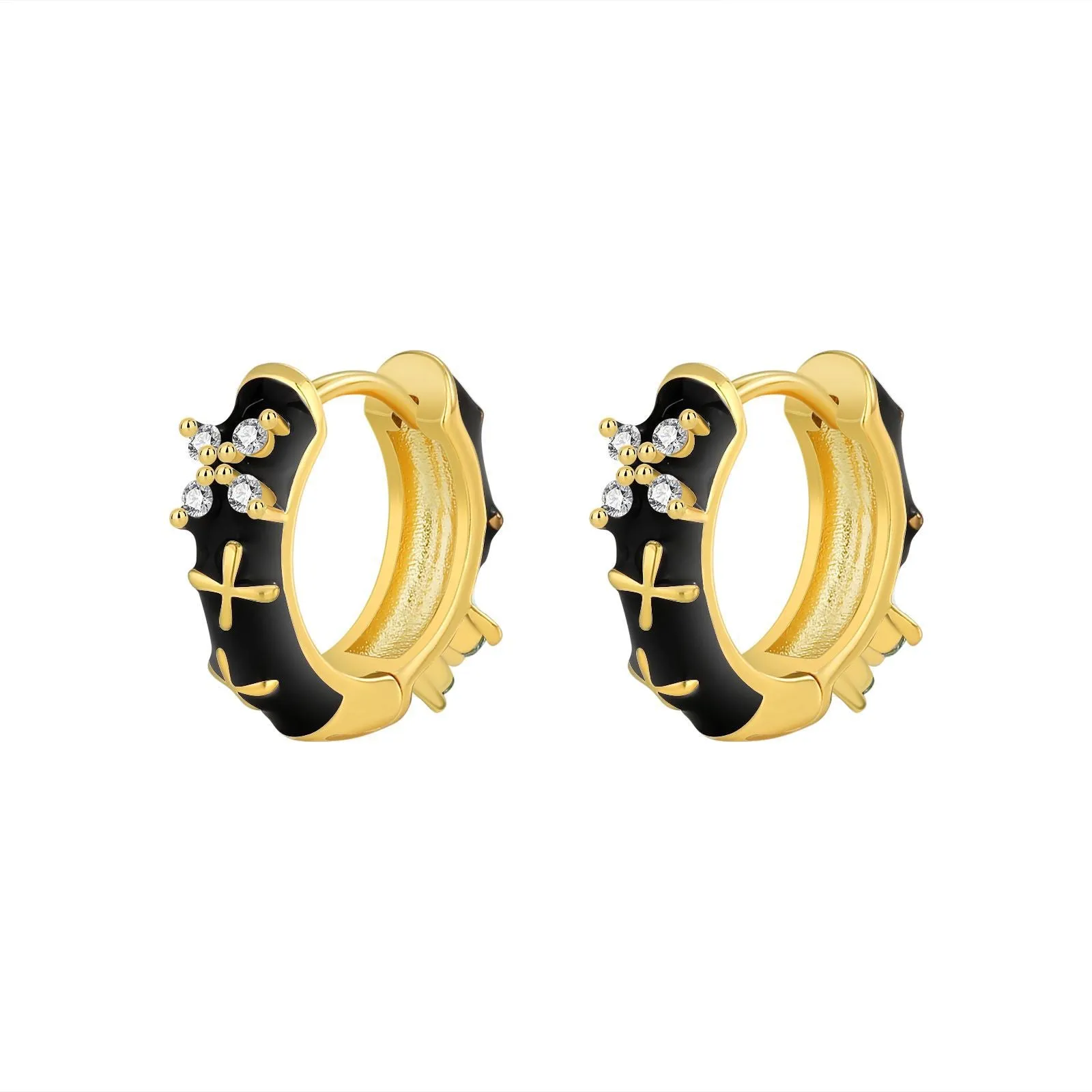 New Design Classic Zircon Flower Shape Black Enamel Gold Color Hoop Earrings For Party Women's Luxury Accessories Jewelry