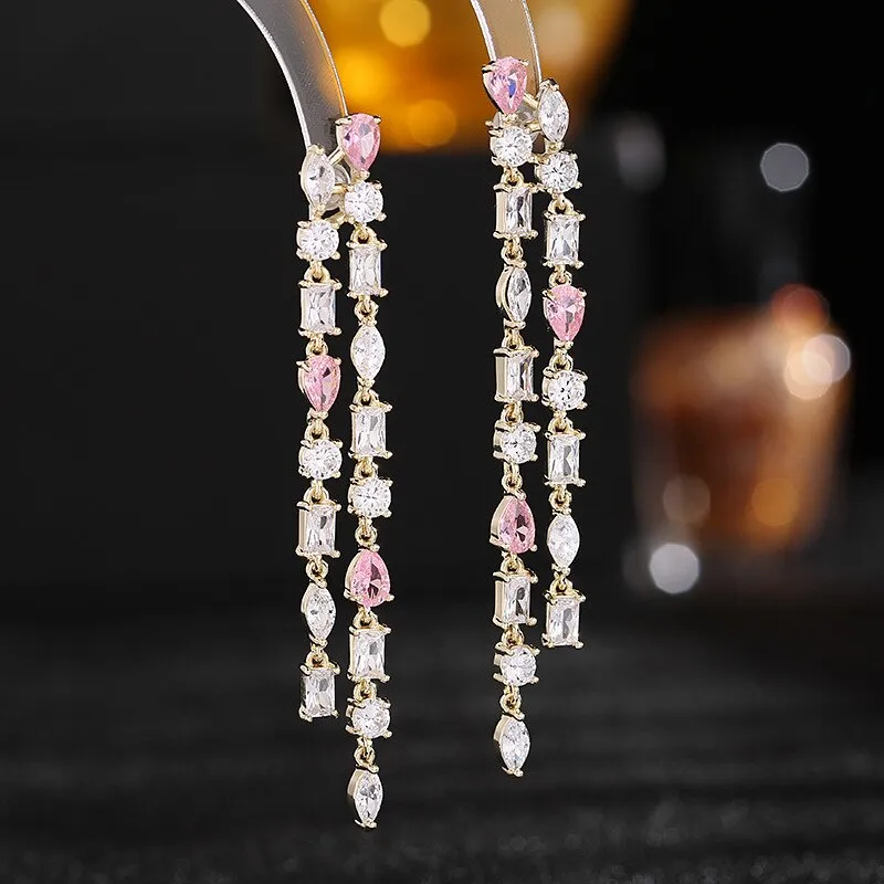 New Fashion Cubic Zircon Earrings Geometric Zircon Inlaid Long Tassel Earrings Wedding, Birthday Party Jewelry LYB002