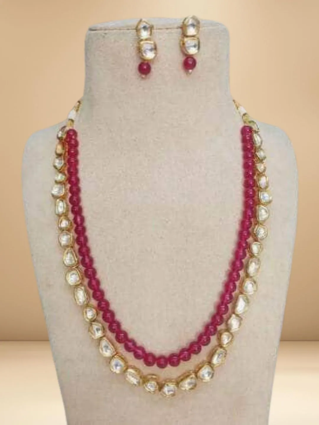 One Line Kundan Beads Chain And Earring Set