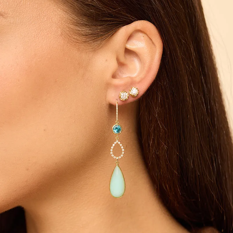 One-Of-A-Kind Diamond Teardrop Earrings with Blue Zircon & Chrysoprase Drop