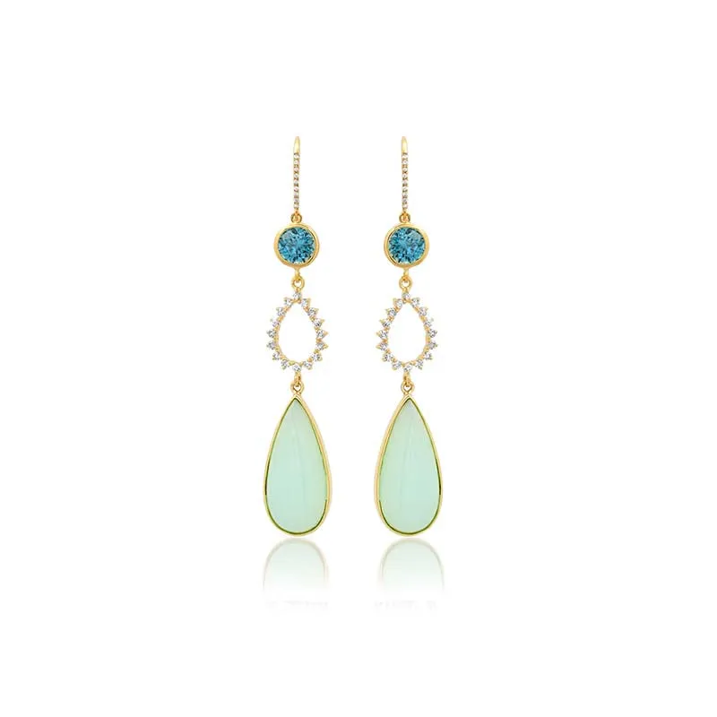 One-Of-A-Kind Diamond Teardrop Earrings with Blue Zircon & Chrysoprase Drop