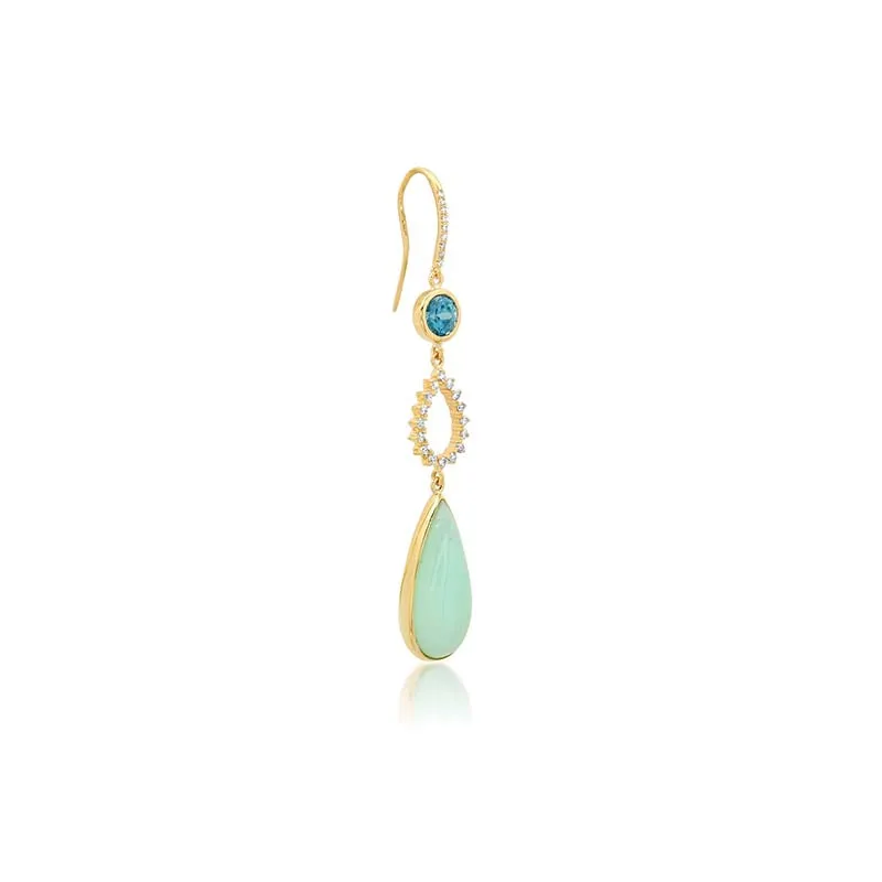 One-Of-A-Kind Diamond Teardrop Earrings with Blue Zircon & Chrysoprase Drop