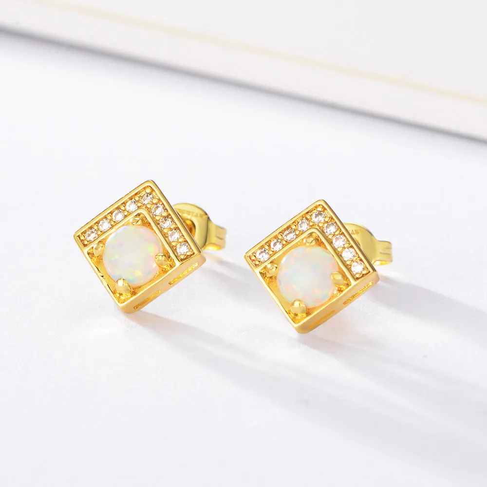 Opal Jewelry with Zircon Square Silver Studs Earrings for Women