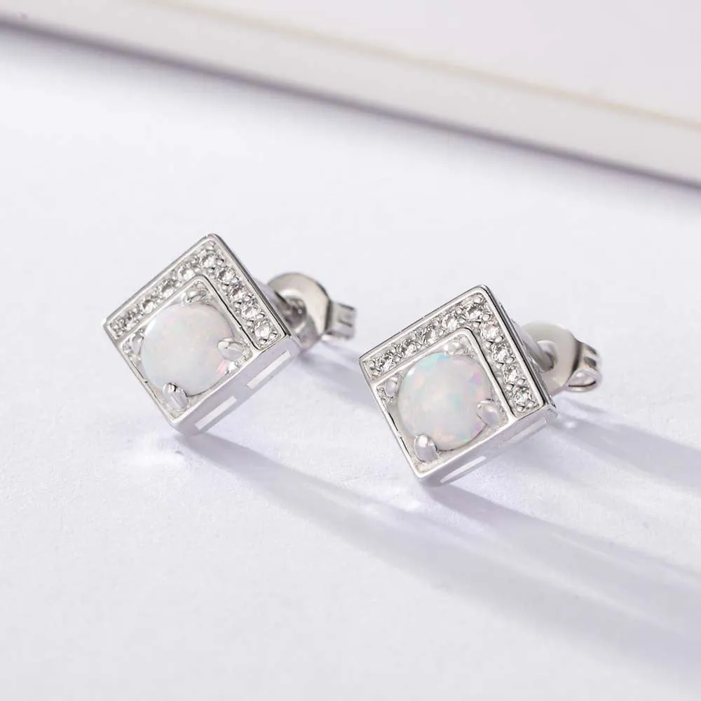 Opal Jewelry with Zircon Square Silver Studs Earrings for Women