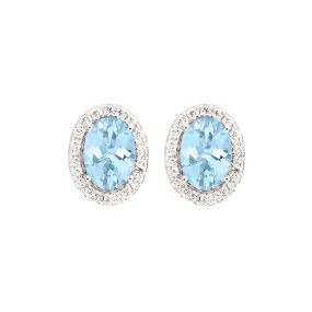 Oval Aquamarine And Diamond Halo Stud Earrings in 18k White Gold