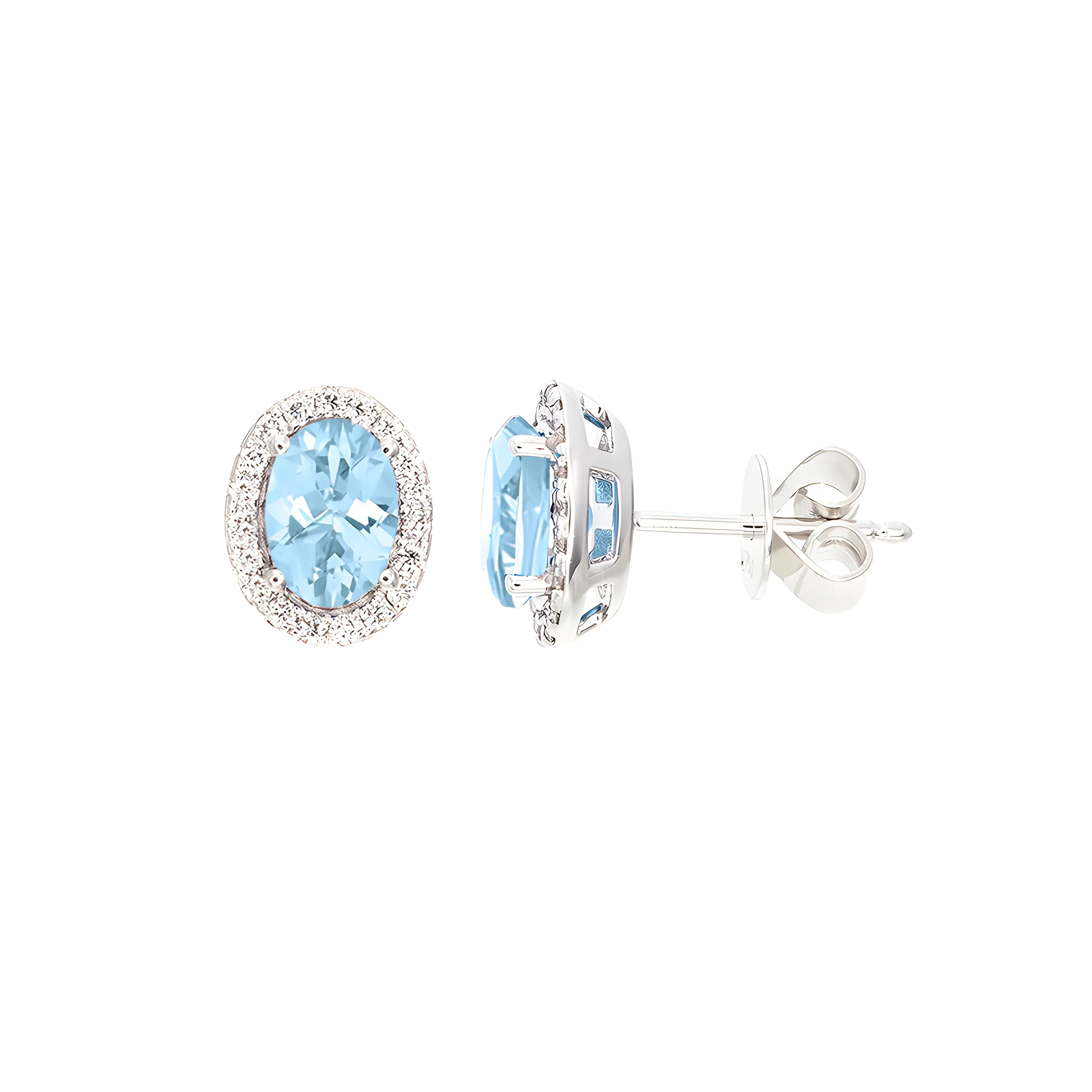 Oval Aquamarine And Diamond Halo Stud Earrings in 18k White Gold