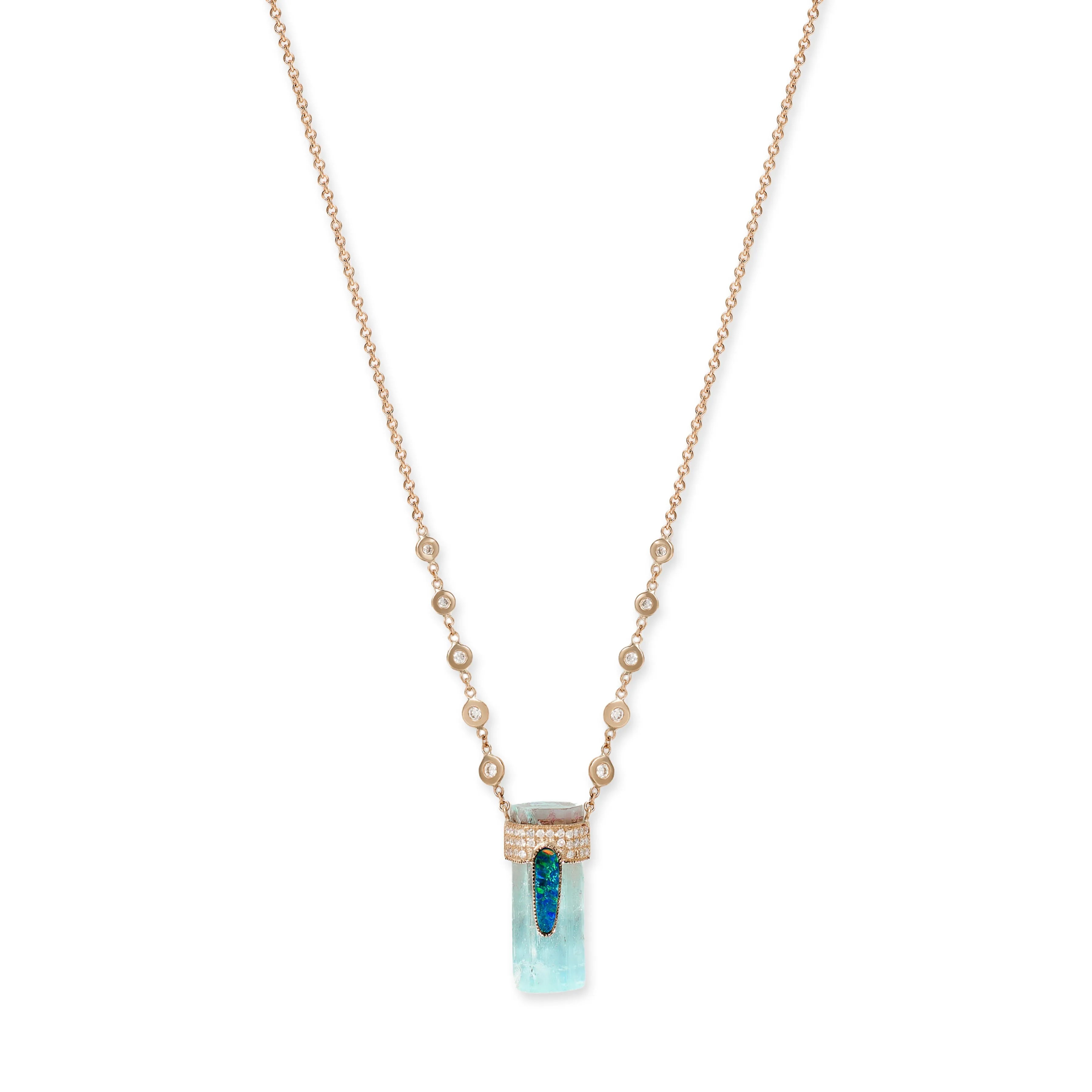 PAVE OPAL CAP   AQUAMARINE CRYSTAL NECKLACE