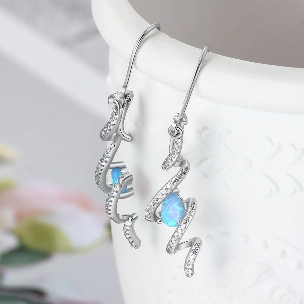 Pear Shape Blue Opal Zircon Wavy Pendant Sterling Silver Hoop Earrings