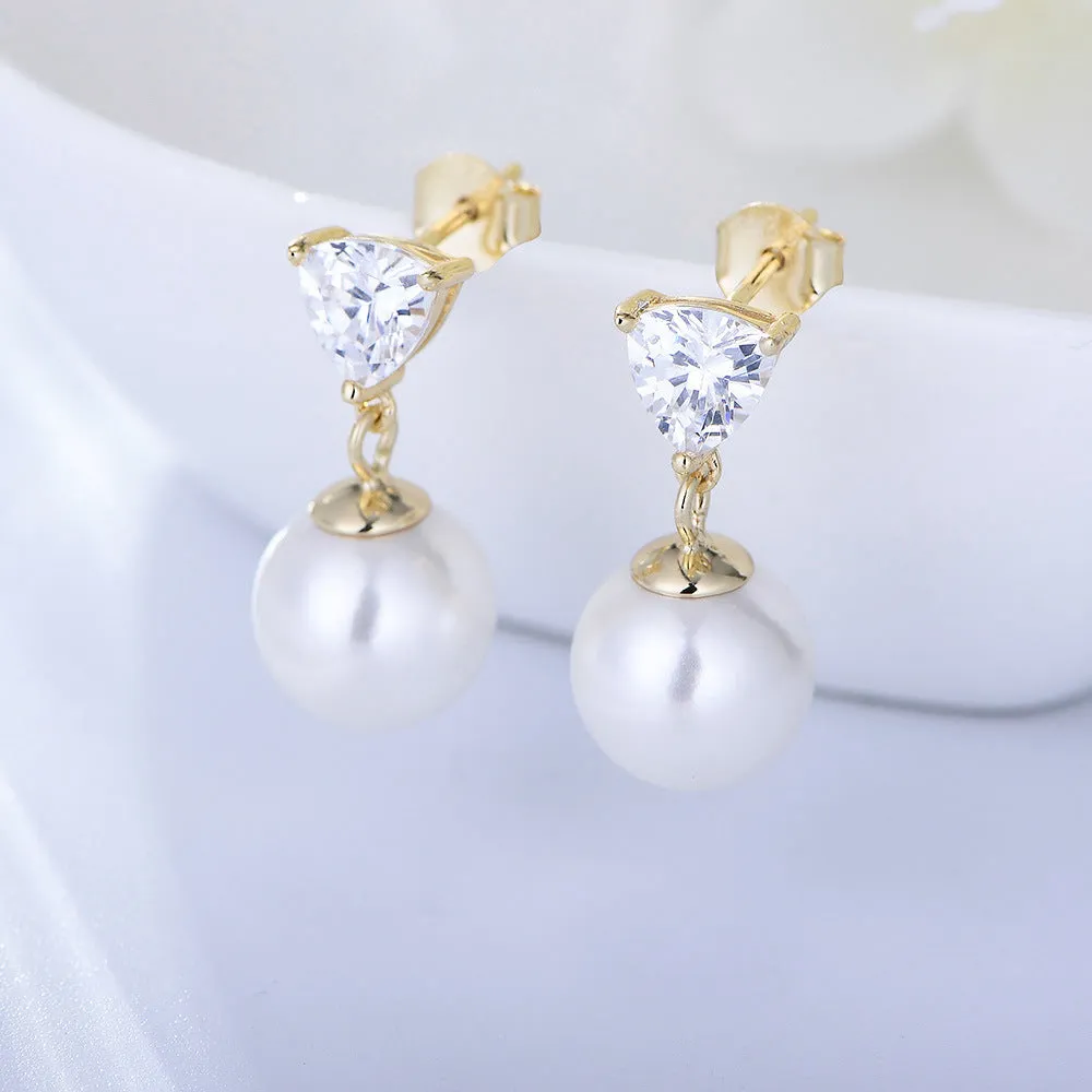 Pearl with Triangle Zircon Silver Drop Earrings for Women