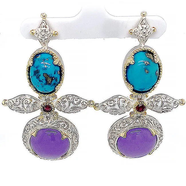 Persian Turquoise & Lavender Agate & Garnet Silver Earrings