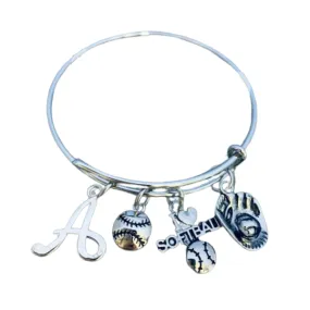 PERSONALIZED SOFTBALL BANGLE BRACELET WITH FREE LETTER CHARM