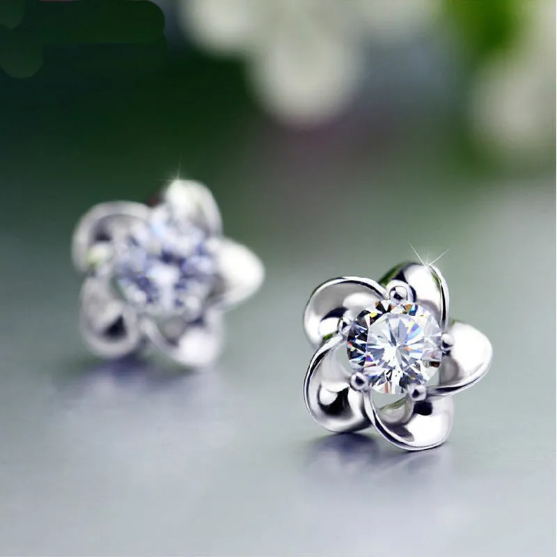 Plum Blossom with Zircon Silvet Studs Earrings for Women