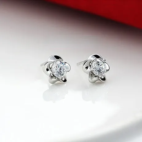 Plum Blossom with Zircon Silvet Studs Earrings for Women