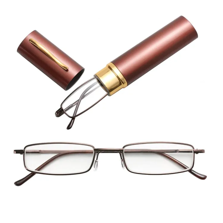 Reading Glasses Metal Spring Foot Portable Presbyopic Glasses with Tube Case  2.50D(Brown)