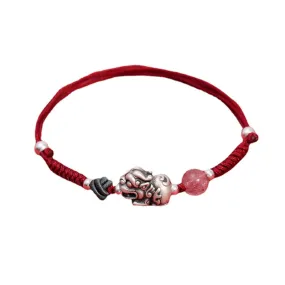 Red Rope Woven Bracelet with Silver Pixiu and Strawberry Crystal