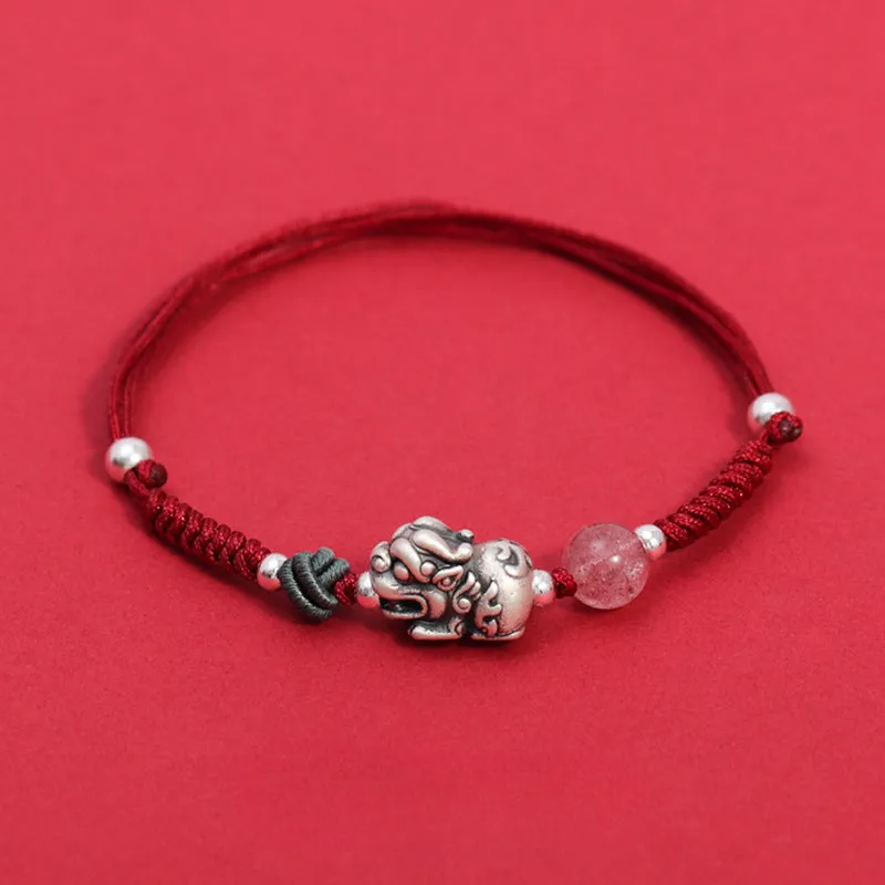 Red Rope Woven Bracelet with Silver Pixiu and Strawberry Crystal