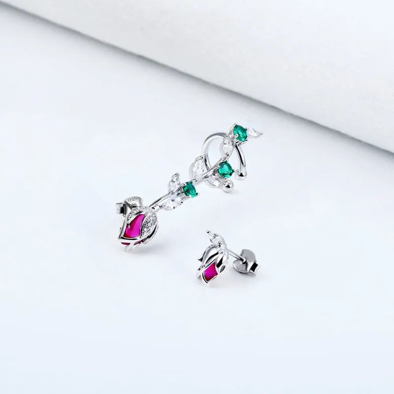 Red Rose with Colourful Zircon Asymmetric Silver Drop Earrings for Women