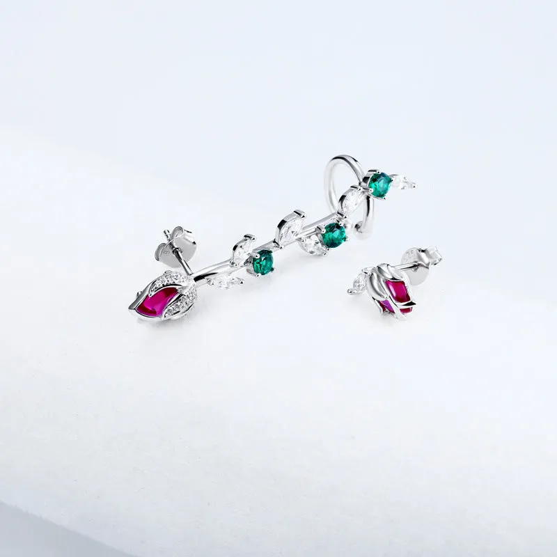 Red Rose with Colourful Zircon Asymmetric Silver Drop Earrings for Women