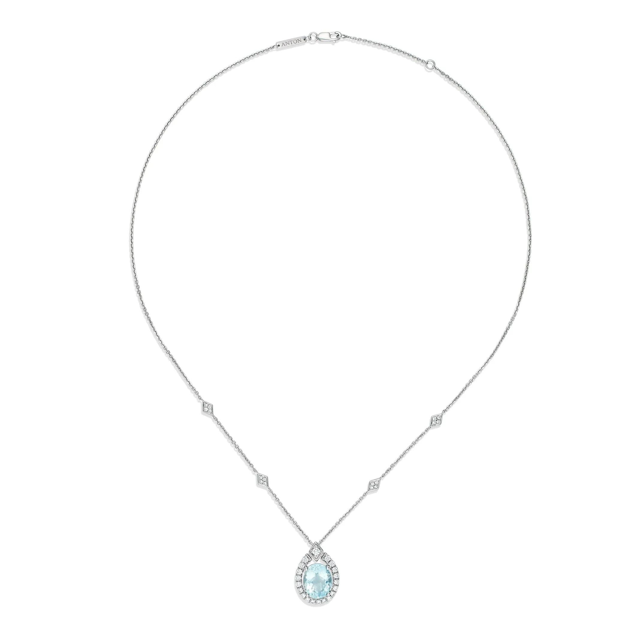 Regal Collection® Aquamarine Oval Cut Gemstone and Diamond Halo Necklace | White Gold