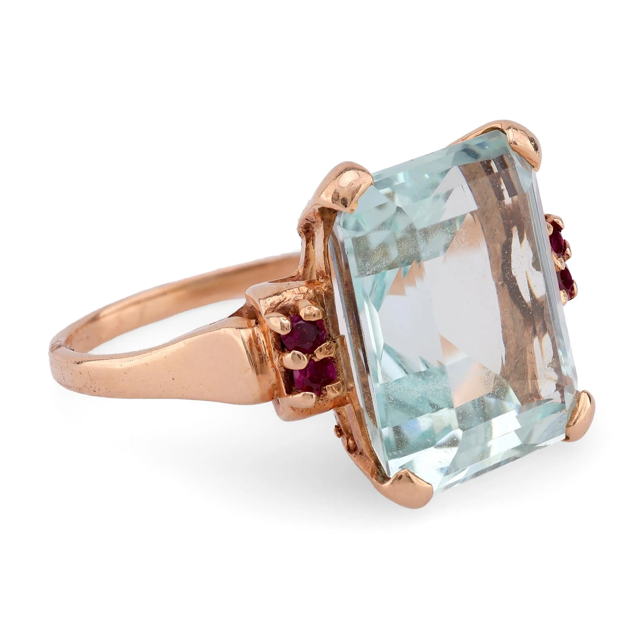 Retro Aquamarine Ruby 14K Rose Gold Cocktail Ring