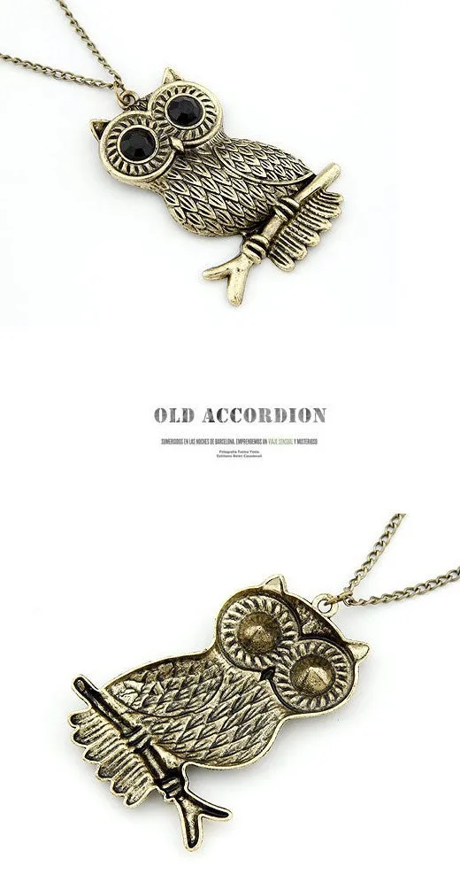 Retro metal black gem eyes owl Pendant necklace Fashion High Quality Sweater chain Statement jewelry for women