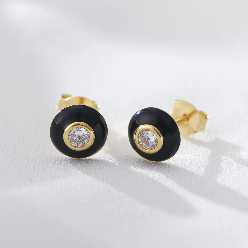 Retro Round Single Zircon Silver Studs Earrings for Women