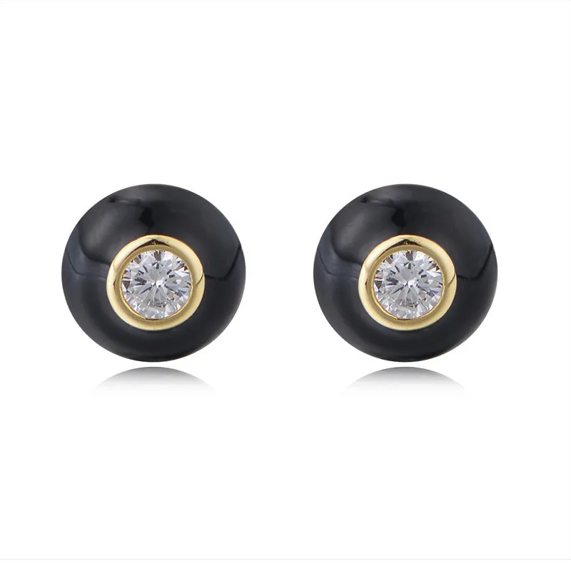 Retro Round Single Zircon Silver Studs Earrings for Women