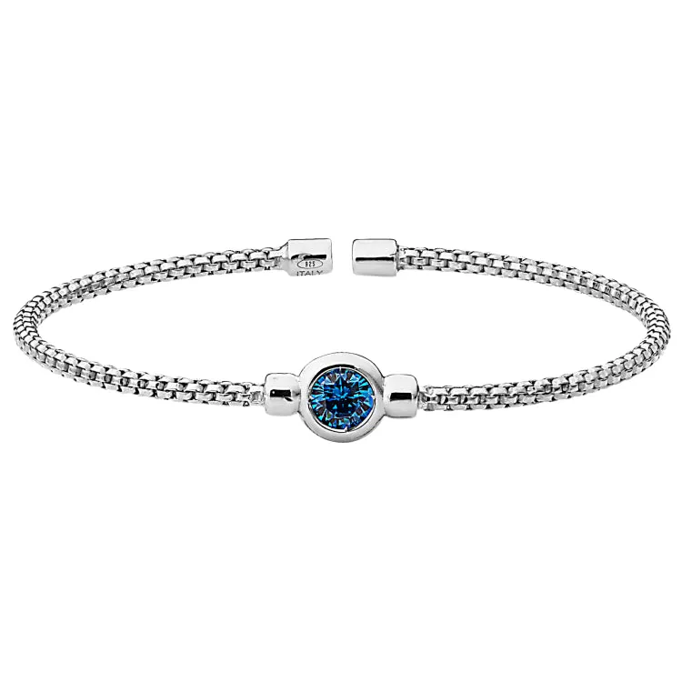 Rhodium Finish Sterling Silver Rounded Box Link Cuff Bracelet with Bezel Set Simulated Blue Topaz Birth Gem