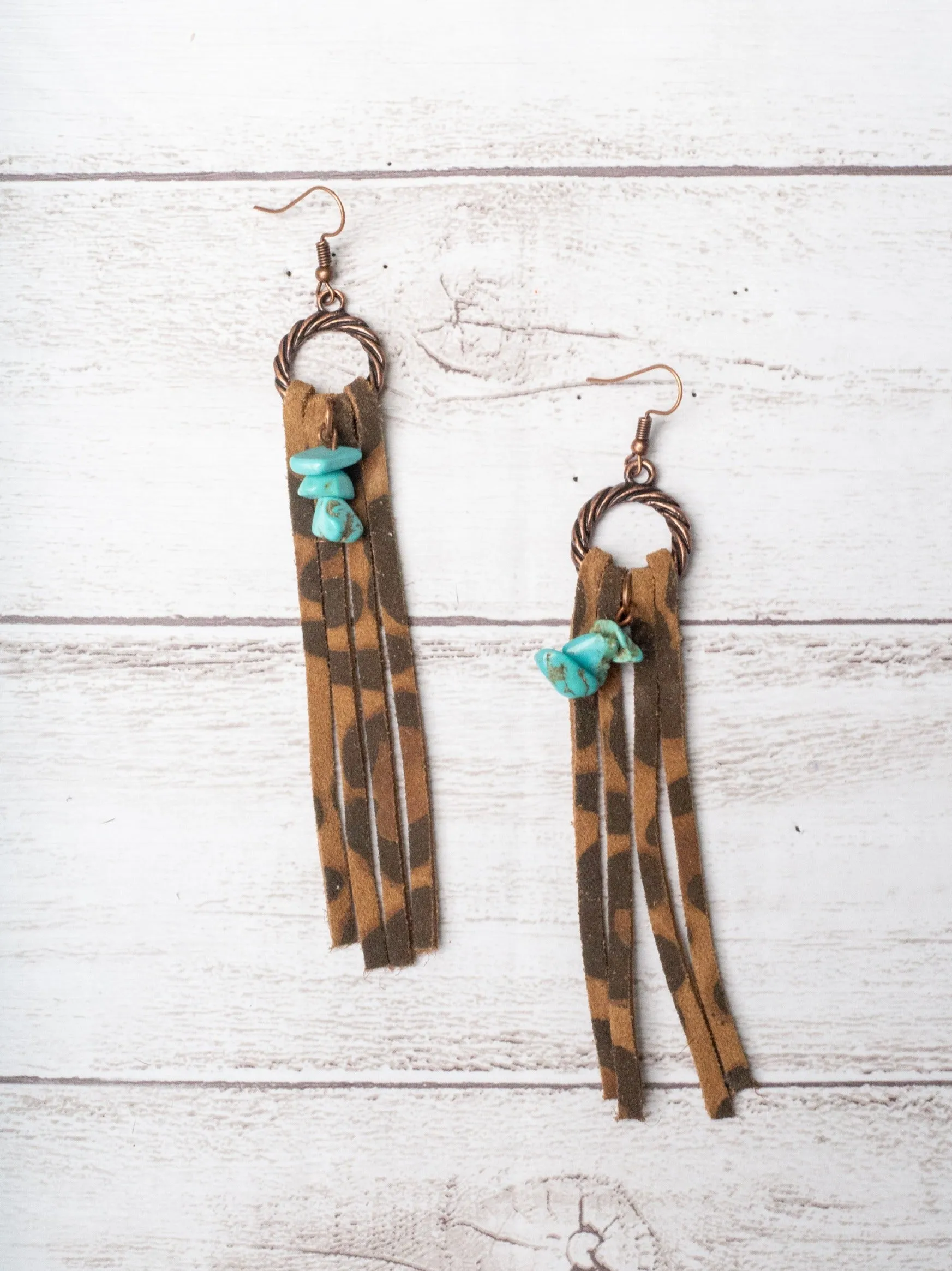 ROPED TOGETHER FOREVER TURQUOISE ROCKS WITH BROWN LEOPARD FRINGE EARRINGS