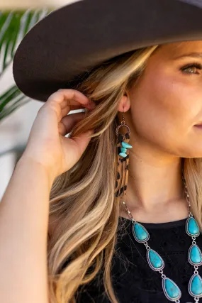 ROPED TOGETHER FOREVER TURQUOISE ROCKS WITH BROWN LEOPARD FRINGE EARRINGS