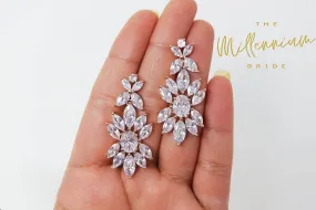 Rose Gold Floral Swarovski Crystal/Diamond earrings Long Bridal Jewelry Bridal Earrings Crystal Bridal Earrings Statement earrings Cz