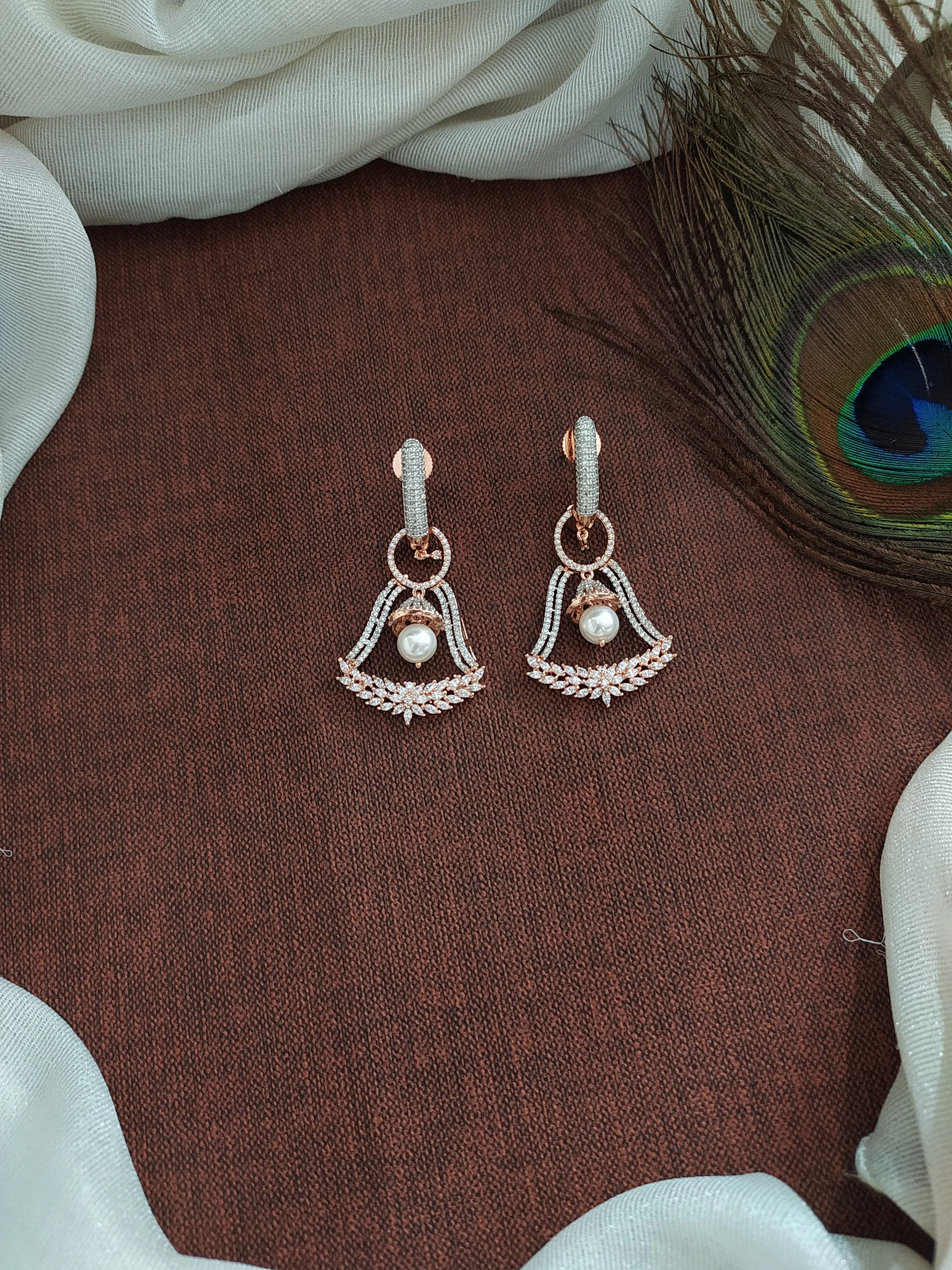 Rose-gold Zircon Earrings With Pearl Dangling