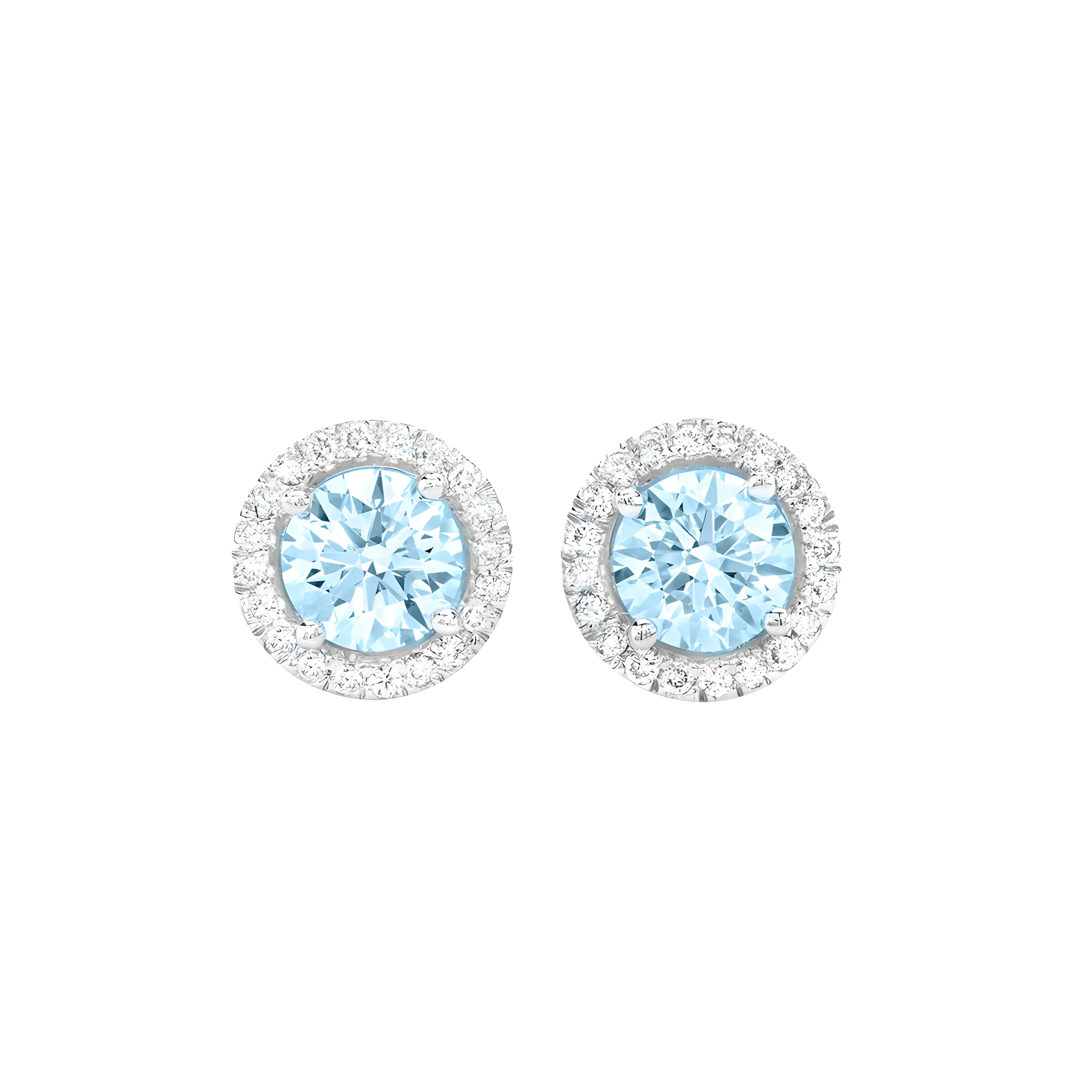 Round Aquamarine And Diamond Halo Stud Earrings in 18k White Gold