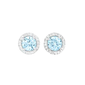 Round Aquamarine And Diamond Halo Stud Earrings in 18k White Gold