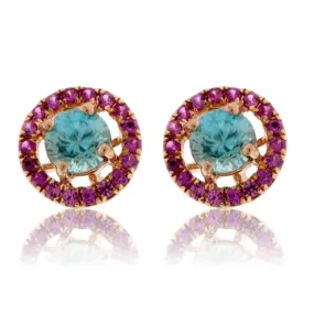 Round Blue Zircon & Pink Sapphire Halo Post Earrings